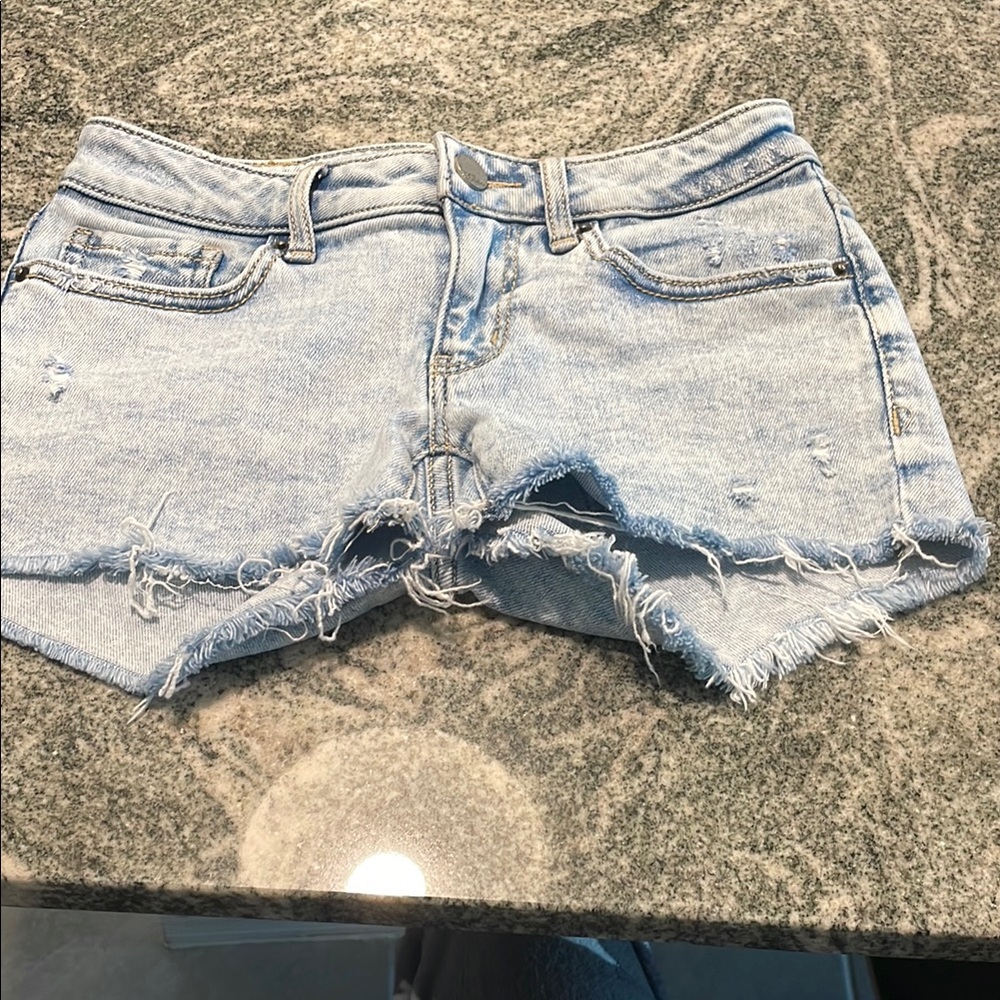 BKE Blue Distressed Jean Shorts with Frayed Hems